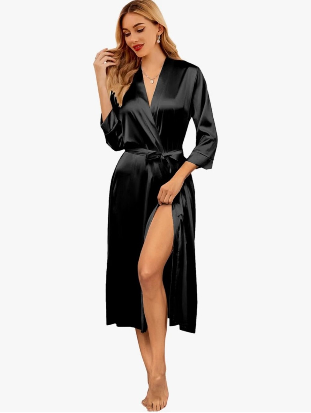 Women Long Satin Bride Bridesmaid Robe with Pockets